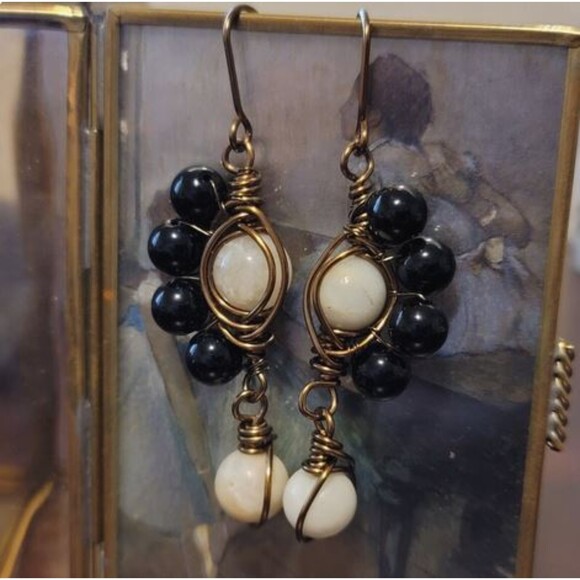Handmade Wire Wrapped Dangle Earrings – Black & White Beaded Boho Jewelry - Picture 8 of 9